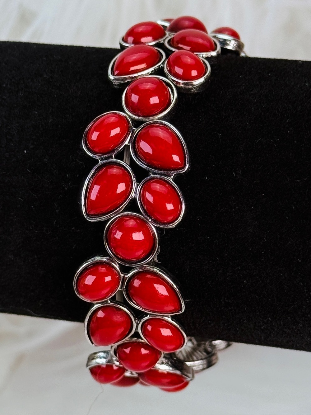 Silvertone and red Bohemian chic stretch bracelet